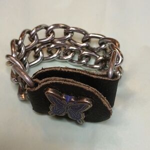 Small Handmade Leather Chain Bracelet With Butterfly Accent Motorcycle Style